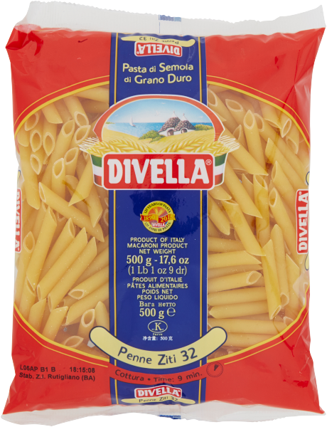 Röhrenförmige Penne Ziti 32 von Divella in der 500g Packung, ideal für italienische Gerichte.