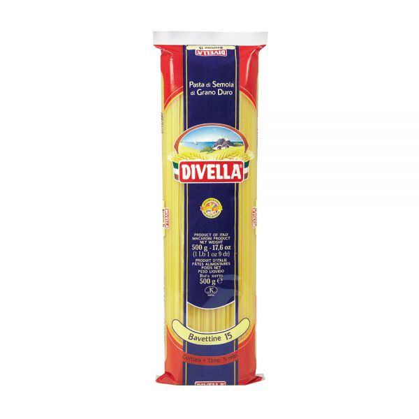 Divella Bavettine 15 in 500g Packung aus Hartweizen, perfekt für Pasta-Gerichte. Traditionelle Herstellung, bronze-Extrusionstechnik.