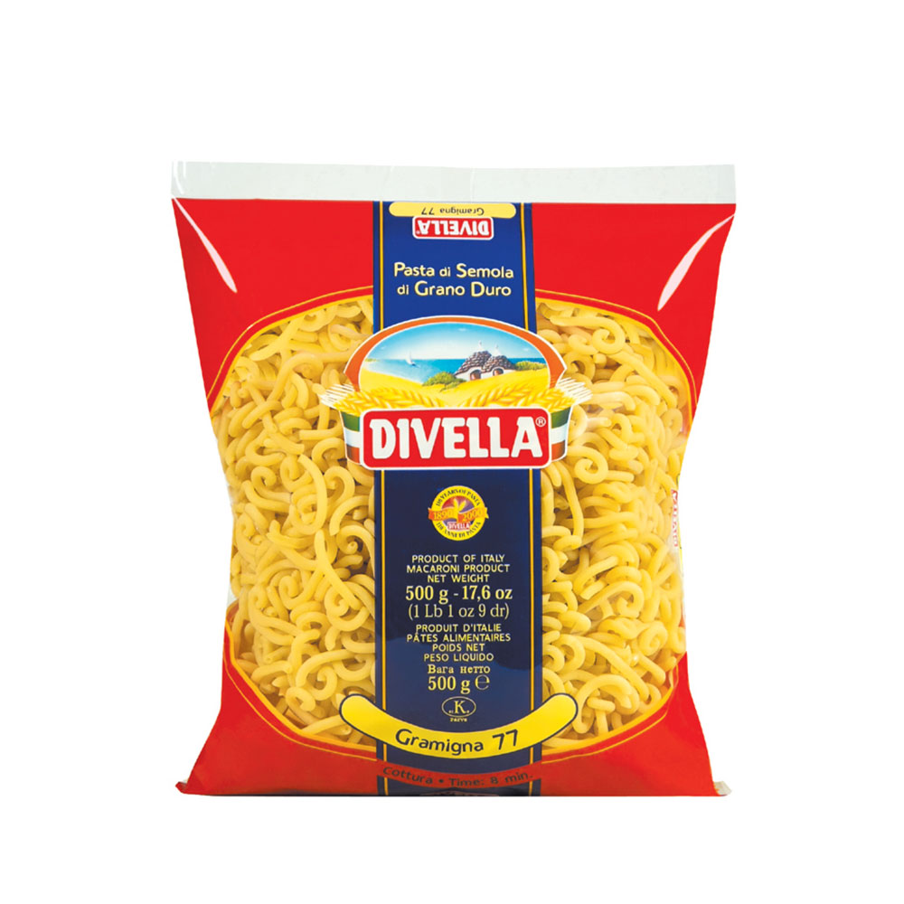 Die gebogene Pasta Gramigna 77 von Divella in der 500g Packung, ideal für traditionelle italienische Gerichte.